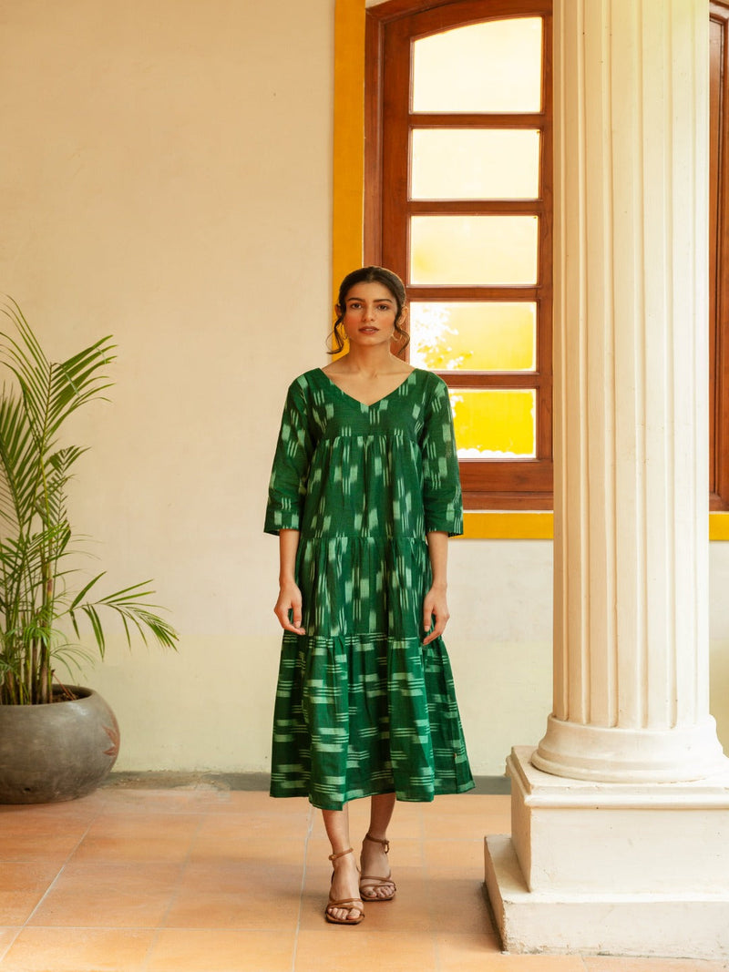 Handloom cotton ikat green tiered dress-Dresses-Fabnest