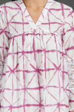 Womens Purple Shibori Print Full Set V-Neck With Gathers At Yoke. Embellished With Lace Inserts.-Full Sets-Fabnest