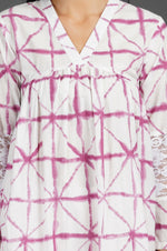 Womens Purple Shibori Print V-Neck With Gathers At Yoke. Embellished With Lace Inserts.-Kurta ONLY-Kurta-Fabnest