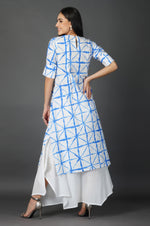 Womens Blue Shibori Print With Two Inverted Pleats And Sleeve With Cuffs Kurta ONLY-Kurta-Fabnest