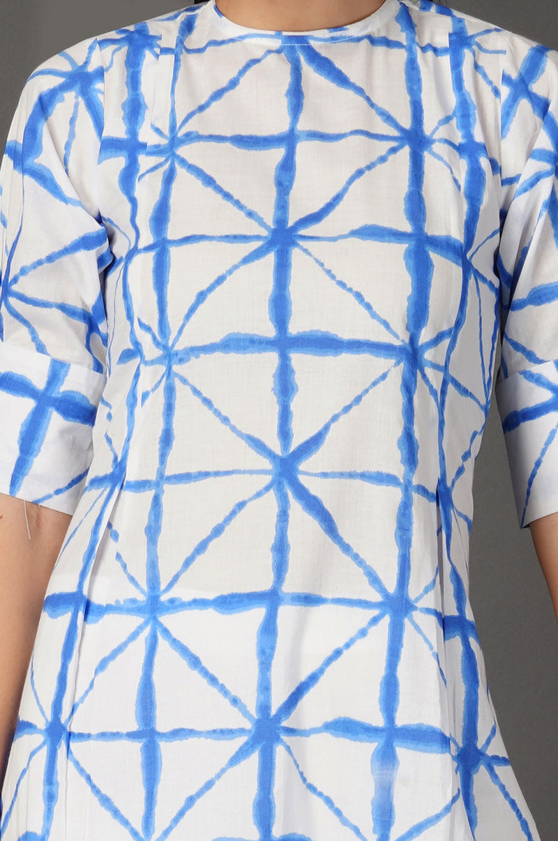 Womens Blue Shibori Print With Two Inverted Pleats And Sleeve With Cuffs Kurta ONLY-Kurta-Fabnest
