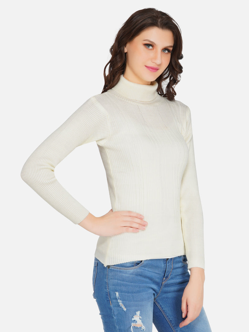 Fabnest winter acrylic offwhite cable design high neck knitted sweater-Sweaters-Fabnest