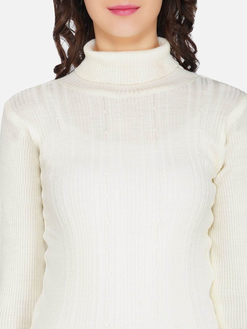 Fabnest winter acrylic offwhite cable design high neck knitted sweater-Sweaters-Fabnest