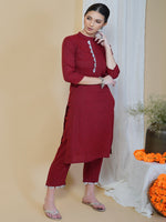 Maroon linen cotton self design lurex straight gota work kurta and pant set-Kurta Set-Fabnest