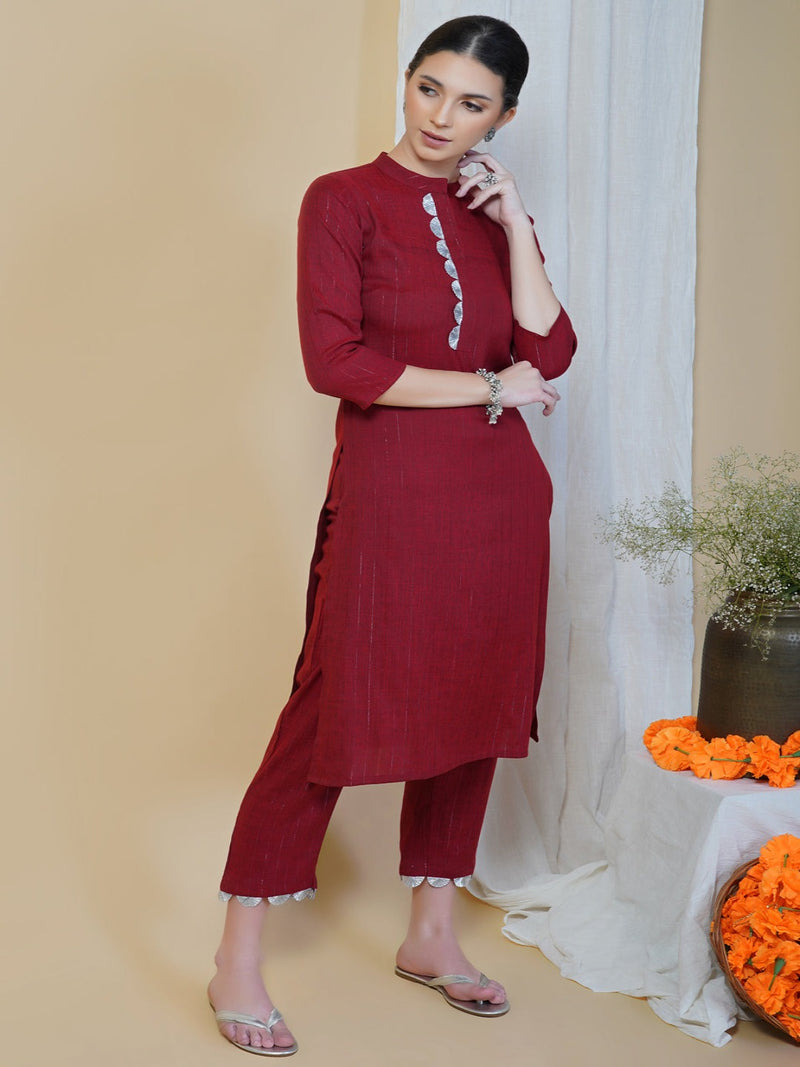 Maroon linen cotton self design lurex straight gota work kurta and pant set-Kurta Set-Fabnest