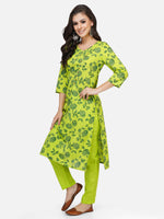 Cotton green printed straight kurta with asymmetrical placket paired with green cotton solid tapered pants-Kurta Set-Fabnest