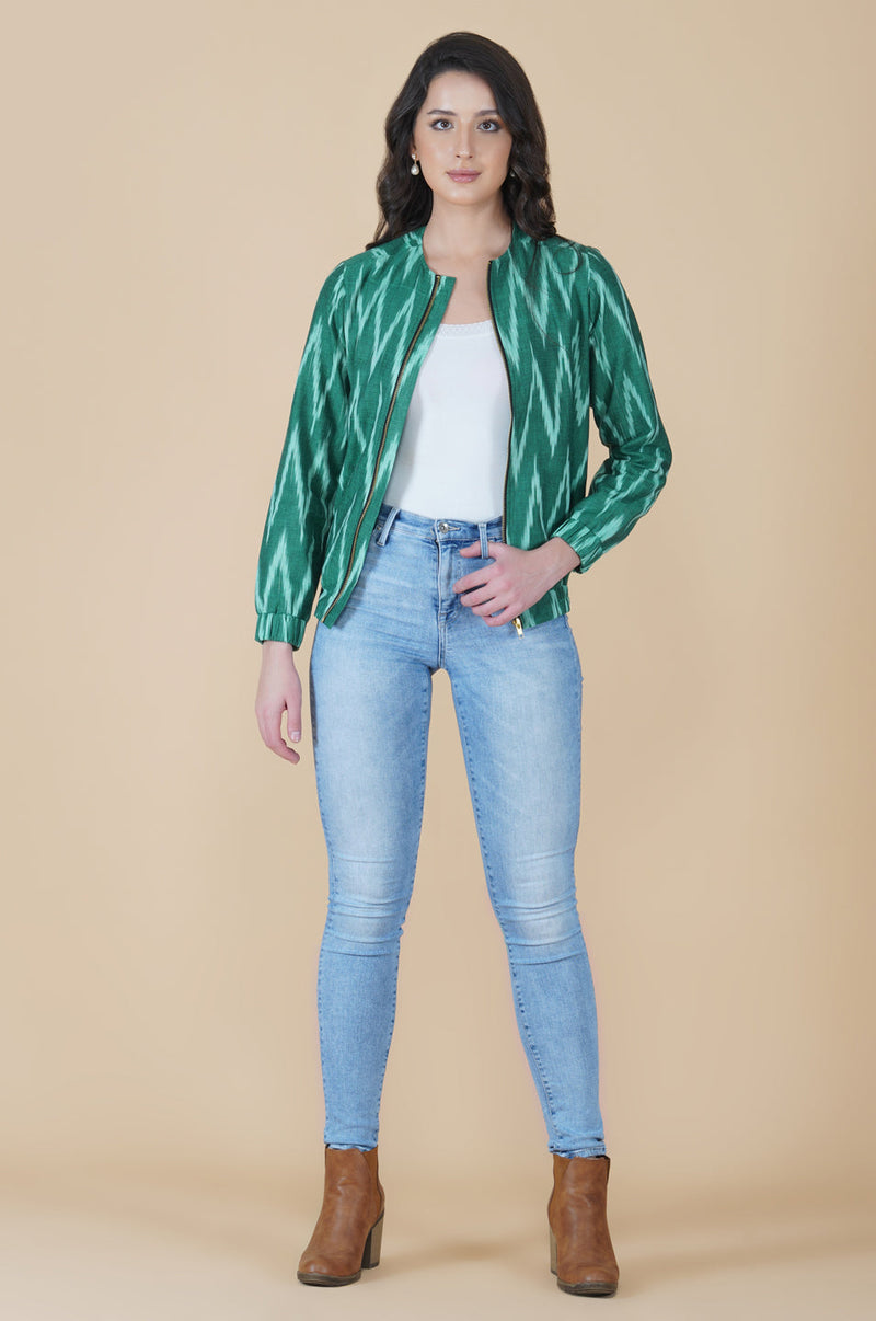 Winter green cotton ikat double layered zipper jacket-Jacket-Fabnest