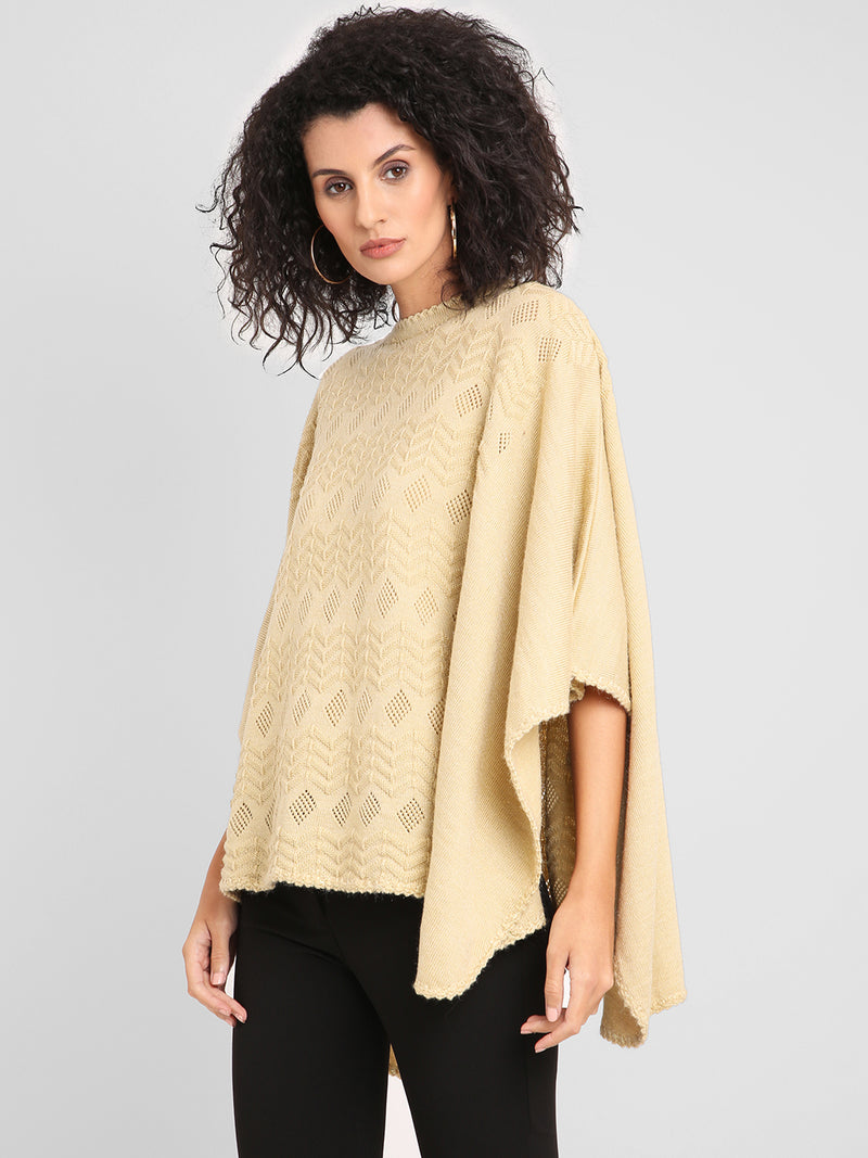 Fabnest Winter Acrylic Beige Self Design Knitted Poncho-Poncho-Fabnest