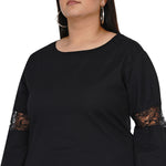 Fabnest Curve black cotton flex straight kurta with lace inserts at sleeve-Kurta-Fabnest