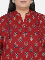 Curve 2 Pc Set Of Cotton Red Ajrakh Print Kurta With Pintucks And U-Shaped Bottom And Cotton Red Ajrakh Print Pants With Pleated Bottom-Kurta Set-Fabnest