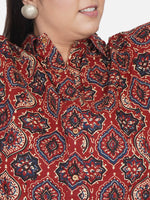 Curve 2 Pc Set Of Cotton Red Ajrakh Print Assymetrical Collared Kurta With Assymetrical Pants-Kurta Set-Fabnest