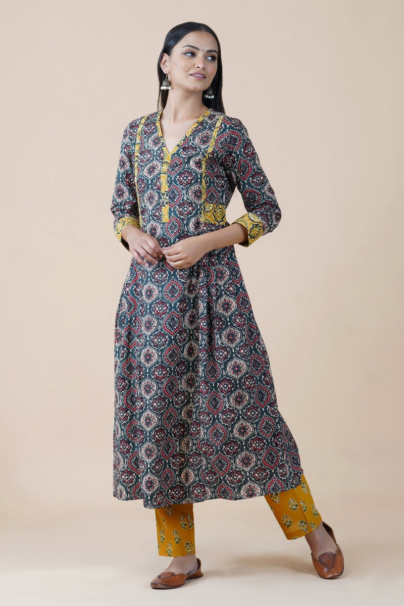 Cotton green ajrakh with detail inserts in yellow with side pleats A line kurta ONLY-Kurta-Fabnest