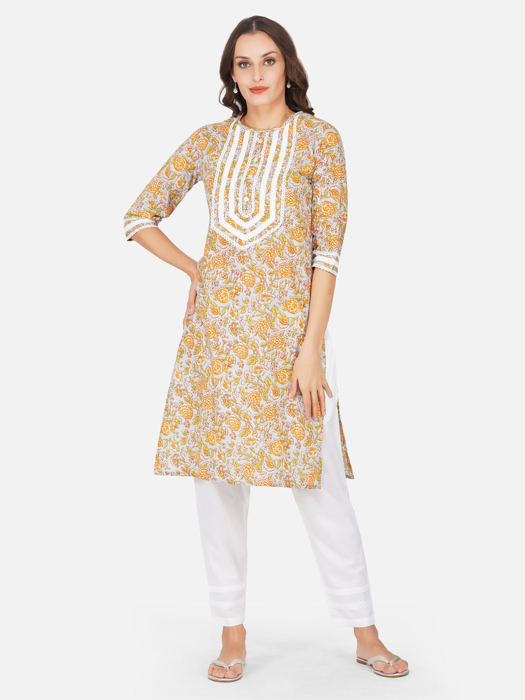 Hand blocked straight kurta with lace inserts at yoke paired with straight white pants and lace inserts-Kurta Set-Fabnest