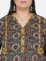 Curve Cotton Green Ajrakh A Line Kurta With Detail Inserts In Yellow With Side Pleats-Kurta-Fabnest