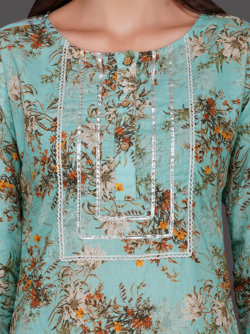 Turquoise cotton floral printed straight kurta set-Kurta Set-Fabnest