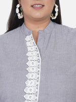 Set Of Chambray Fitted Pants And Short Kurta With A Pleat At Front Accented With Lace.-Kurta Set-Fabnest