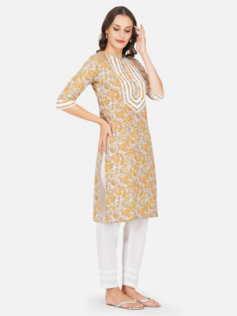 Hand blocked straight kurta with lace inserts at yoke paired with straight white pants and lace inserts-Kurta Set-Fabnest