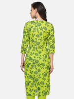 Cotton green printed straight kurta with assymetrical placket-Kurta-Fabnest