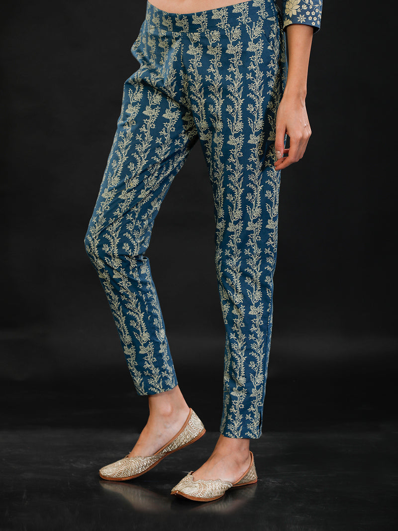 Dull Blue Bel Discharge Print Straight Pants Only-Pant-Fabnest