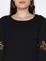 Black cotton straight kurta with lace insert at sleeve and straight pants-Kurta Set-Fabnest