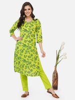 Cotton green printed straight kurta with asymmetrical placket paired with green cotton solid tapered pants-Kurta Set-Fabnest