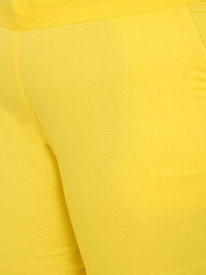 Curve Yellow Cotton Solid Tapered Pants-Pants-Fabnest