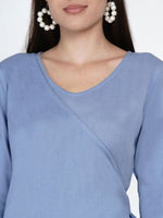 Cotton flex blue jumpsuit with an overlap panel and tie up-Jumpsuit-Fabnest