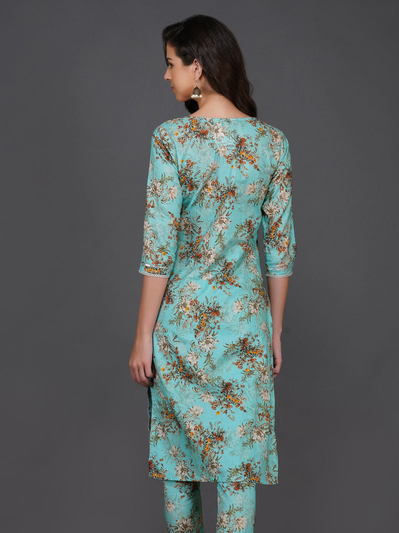 Turquoise cotton floral printed with silver gota and lace inserts straight kurta ONLY-Kurta-Fabnest