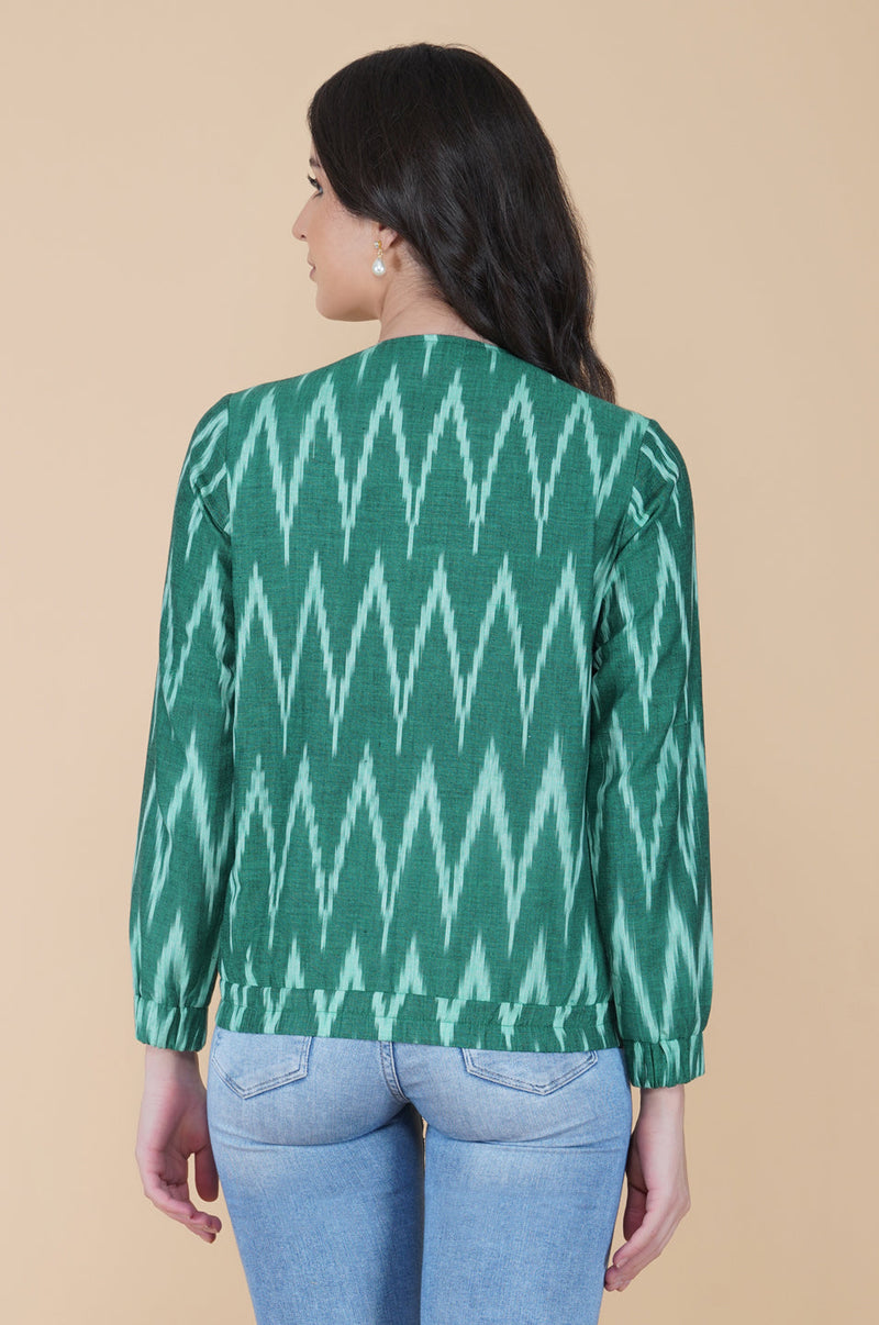 Winter green cotton ikat double layered zipper jacket-Jacket-Fabnest