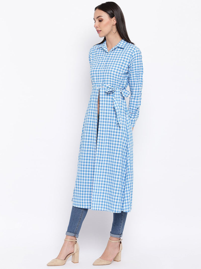Cotton handloom light blue and white gingham tunic with front slit and side tie up.-Tunic-Fabnest