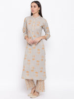 Rayon grey printed kurta and pant set with contrast stitch detail at yoke.-Kurta Set-Fabnest