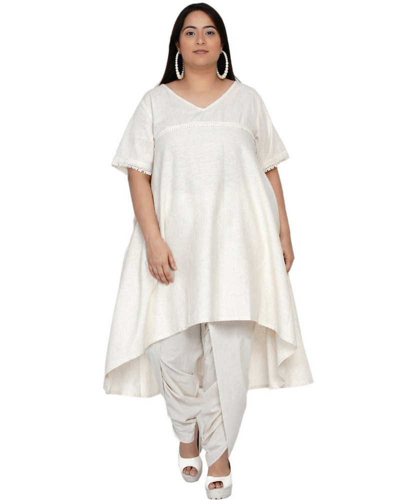 Curve set of off white cotton flex asymmetric hem flared kurta with lace work and gathered dhoti pants-Kurta Set-Fabnest