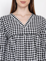Handloom cotton tiered black and white gingham check dress-Dresses-Fabnest