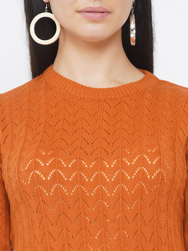 Women`s Acrylic Orange Self Design Winter Sweater-Pullover-Fabnest