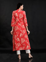 Red Cotton Discharge Printed Asymmetrical Long Kurta And Pant Set-Full Sets-Fabnest