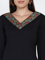 Black cotton with a V neck embellished with jacquard lace A line kurta ONLY-Kurta-Fabnest