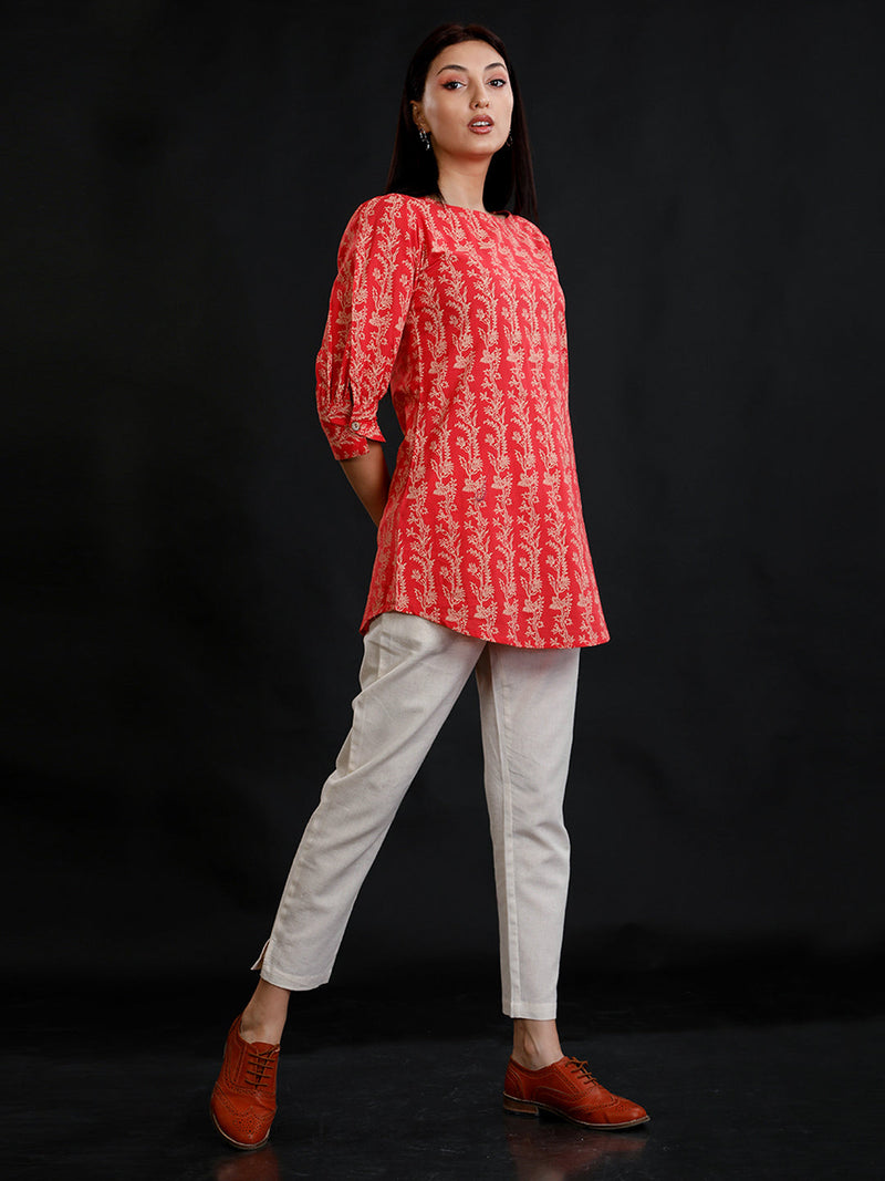 Red Cotton Discharge Print Baloon Sleeves Tunic And Pant Set-Co-Ord Set-Fabnest