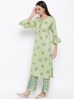 Rayon lime green printed kurta and pant set. with flounce sleeve and button detailing at the neck-Kurta Set-Fabnest