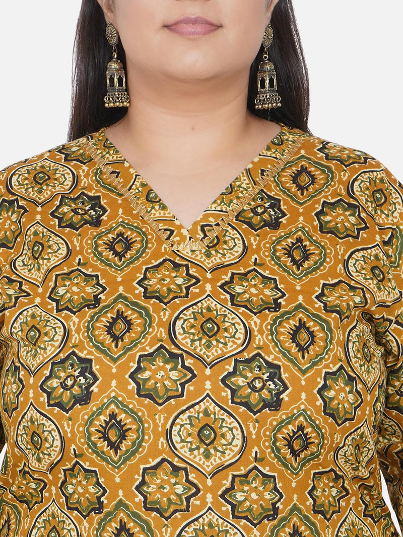 Curve Yellow Ajrakh Print Cotton Straight V Neck Gota Embellished Kurta-Kurta-Fabnest