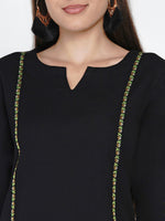 Black cotton princess seam kurta embellished with a jacquard lace and straight pants-Kurta Set-Fabnest