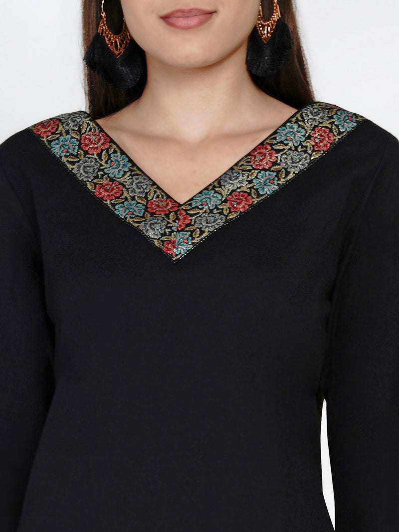 Black cotton A line kurta with a V neck embellished with jacquard lace and black culotte bottom-Kurta Set-Fabnest