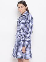 Cotton Handloom Two-Tone Blue&White Check Long Trench Coat-Jacket-Fabnest