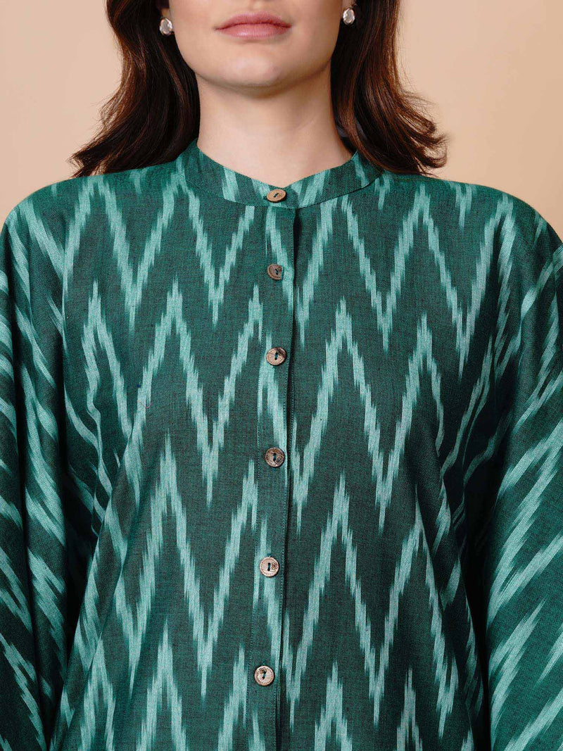 Handloom green cotton ikat button down kaftan-Kaftan-Fabnest