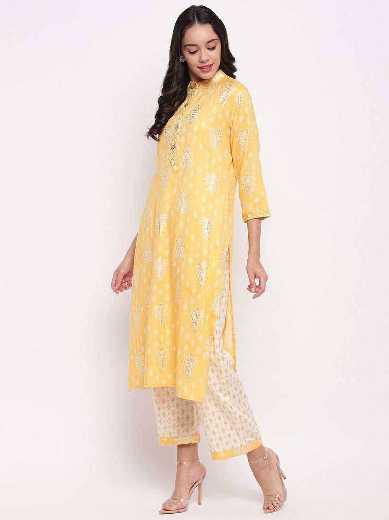 Rayon lime yellow printed kurta set with thread detailing on placket and cuff.-Kurta Set-Fabnest