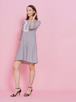 Chambray A-line dress with frilled lace at placket and inverted box pleat at the back-Dresses-Fabnest