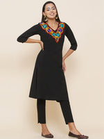 Black flex with V-neck embellished with aari embroidery lace kurta and pant set-Fabnest