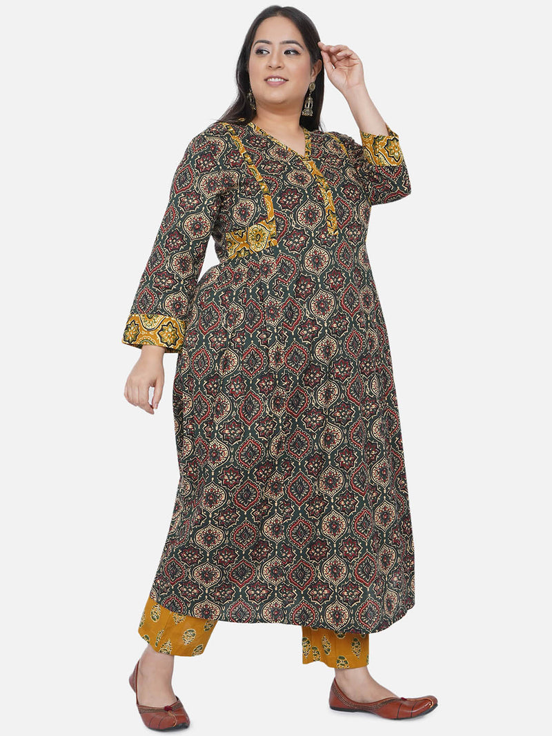 Curve Cotton Green Ajrakh A Line Kurta With Detail Inserts In Yellow With Side Pleats-Kurta-Fabnest