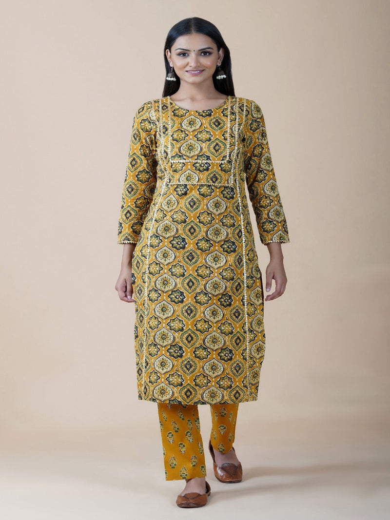 3 pc set of yellow ajrakh print cotton straight round neck gota embellished kurta set with yellow ajrakh print straight bottom and black solid cotton dupatta with gota edging-Kurta Set-Fabnest