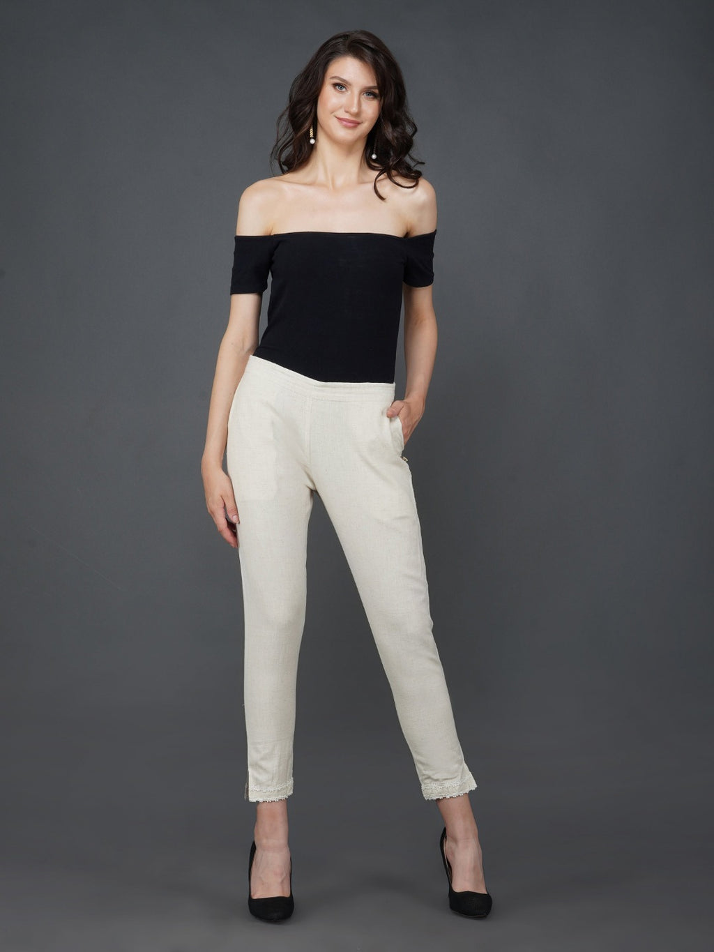 Off white cotton pant with lace work at hem-Bottoms-Fabnest