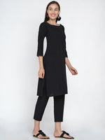 Black cotton A line kurta with contrast top stitch at neck and sleeve with lace at back inverted pleat and straight bottom-Kurta Set-Fabnest